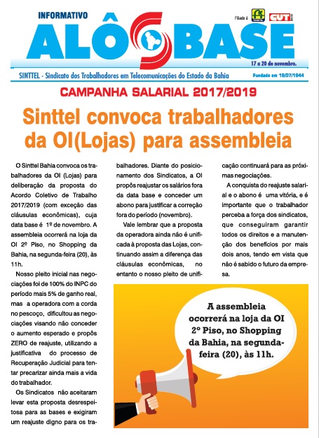 Sinttel Bahia convoca trabalhadores da OI(lojas) para assembleia